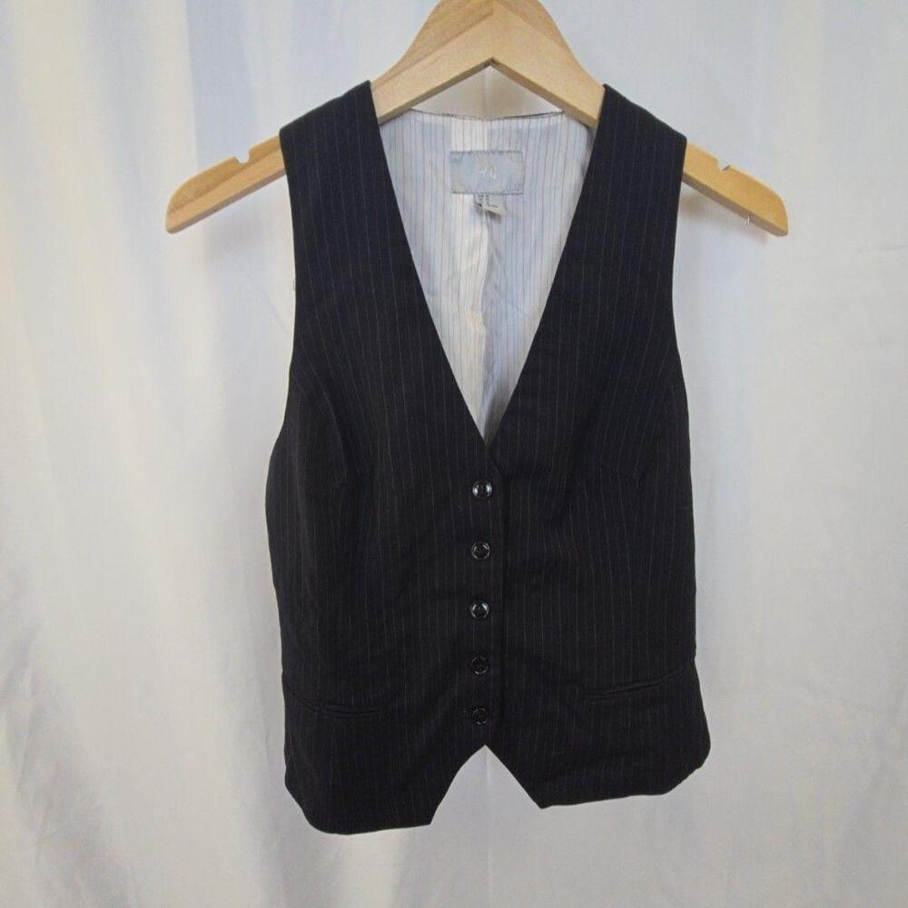 H&M Suit Vest Womens 12 Black Pinstripe Lined Tailored Career Workwear Office